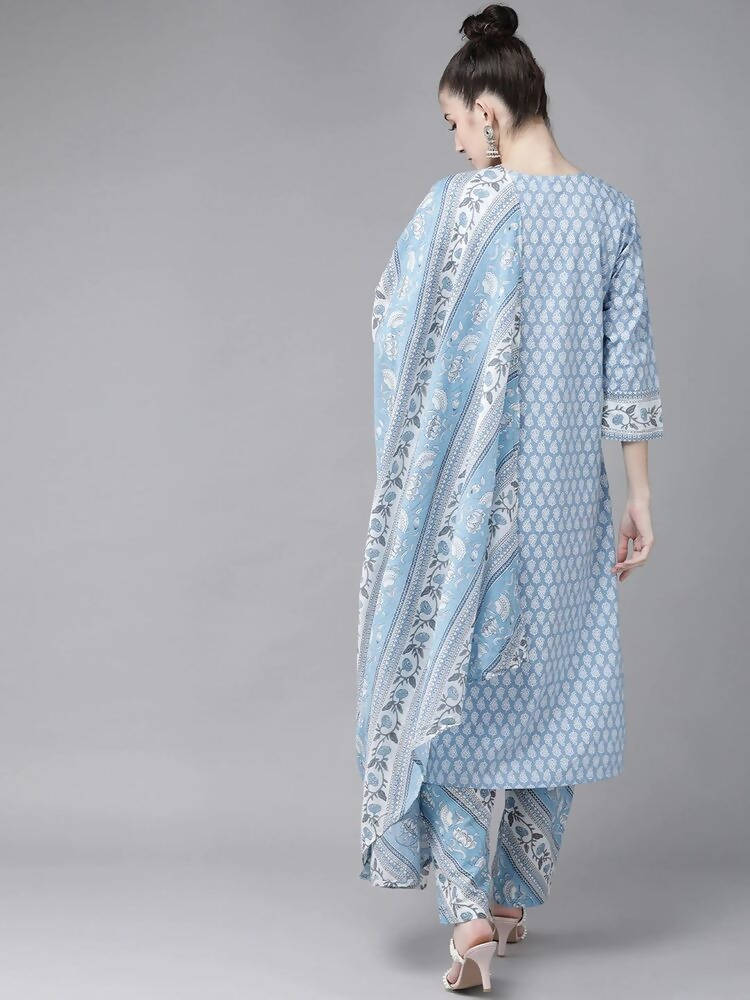 Yufta Women Blue and white printed kurta with Palazzo and Dupatta Set