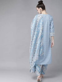 Thumbnail for Yufta Women Blue and white printed kurta with Palazzo and Dupatta Set