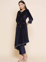 Thumbnail for Women Republic Navy Blue Velvet Assymetrical Hand Embellished Kurta With Pants - Distacart