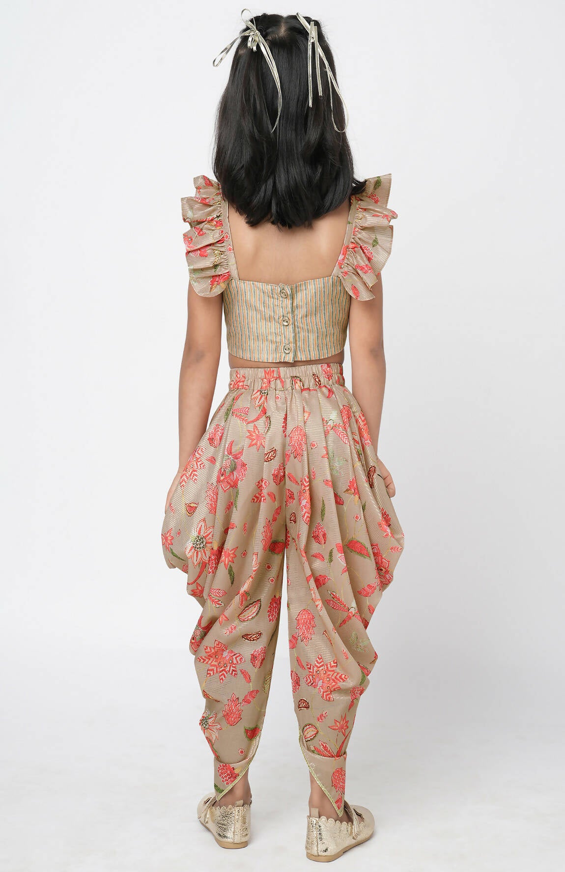 Lil Drama Golden Weaves Beige Crop Top With Dhoti Co-Ordinate Set - Distacart