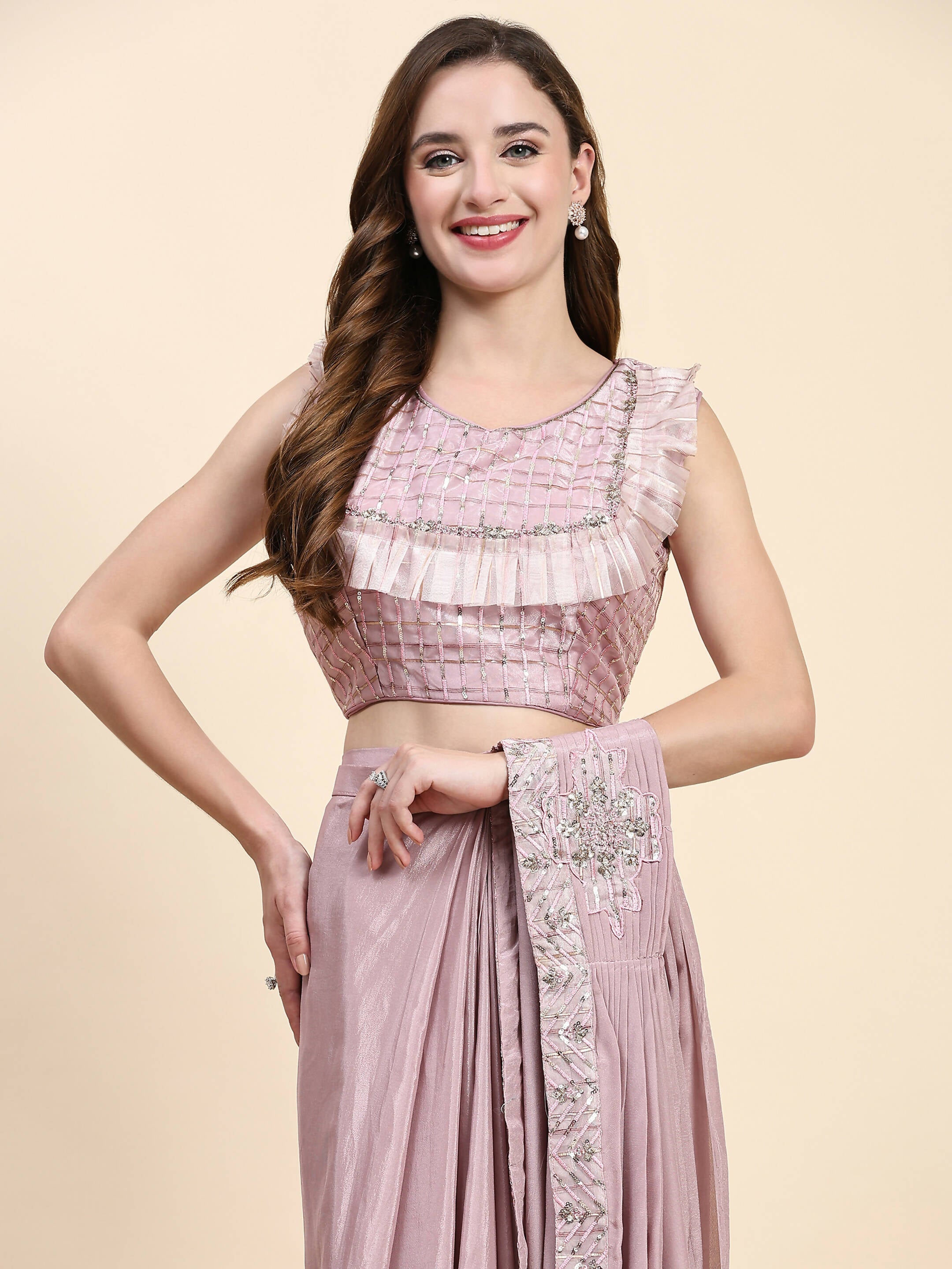 Pink Silk Satin Solid Ready to wear Saree with stitched Blouse - Satiksha - Distacart
