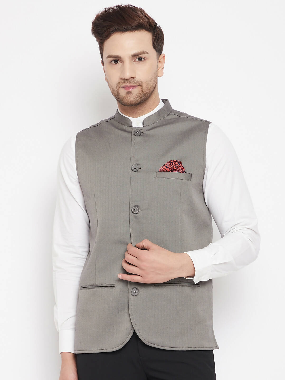 Even Apparels Grey Polyester Men's Nehru Jacket-Contrast Lining-Inbuilt Pocket Square - Distacart