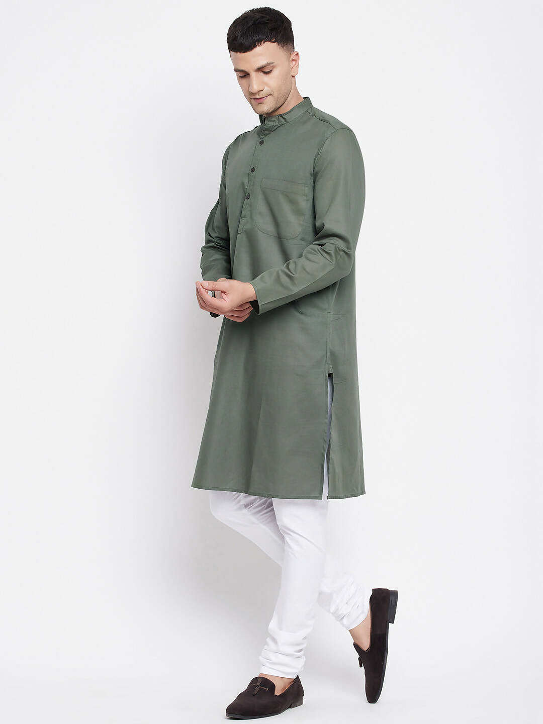 Even Apparels Green Color Linen Men's Kurta With Band Collar - Distacart