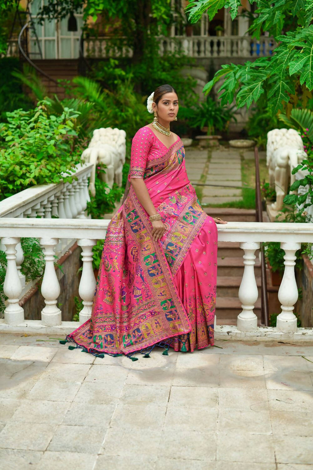Vishnu Weaves Women's Pink Banarasi Silk Kashmiri Woven Saree with Blouse - Distacart