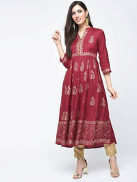 Thumbnail for Aniyah Rayon Block Printed Anarkali Kurta In Maroon (AN-116A)