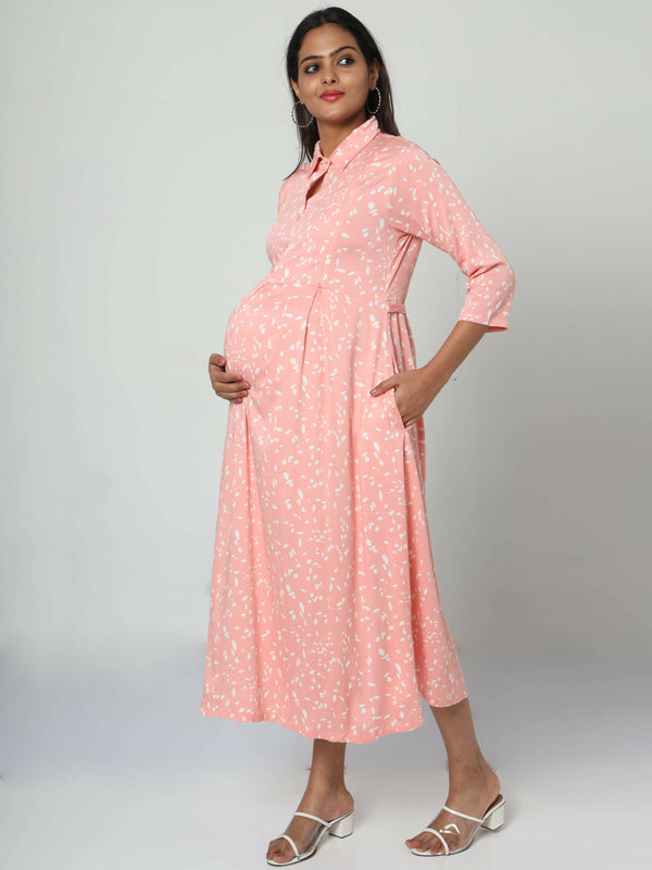 Manet Three Fourth Maternity Dress White Dot Print With Concealed Zipper Nursing Access - Pink - Distacart