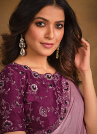 Thumbnail for Purple Satin Silk Designer Saree with Unstitched Blouse - Norita Mahitha - Distacart