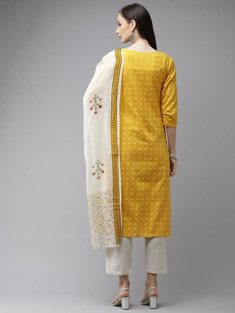 Yufta Women Mustard Yellow Ethnic Motifs Pure Cotton Kurta with Trouser & With Dupatta