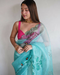 Thumbnail for Vamsee Lime Green Organza Saree - Distacart