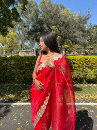 Thumbnail for Vamsee Red Organza Saree - Distacart