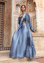 Thumbnail for Sky Blue Tom Silk Plain Ready To Wear Saree With Stitched Blouse - Satiksha - Distacart