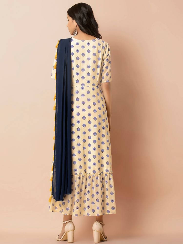 Indya Women White & Navy Blue Printed Maxi Dress With Attached Dupatta - Distacart