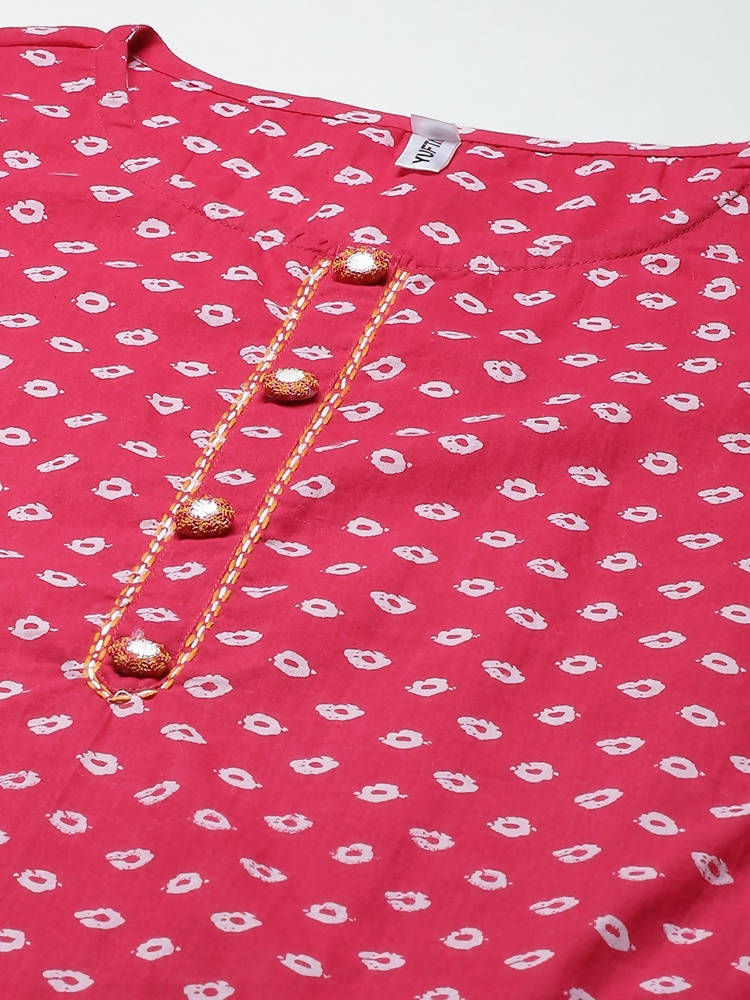 Yufta Women Pink And White Printed Kurta with Trouser & With Dupatta