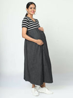 Thumbnail for Manet Half Sleeves Maternity Dress White Striped With Concealed Zipper Nursing Access - Black - Distacart