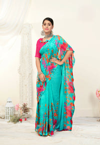Thumbnail for Sea Green Georgette Floral Printed Saree With Unstitched Blouse Piece - Jyoti - Distacart