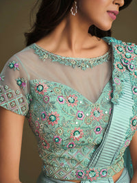 Thumbnail for Sky Blue Fancy Crystal Crepe Sequence Embroidered Saree With Stitched Blouse - Mohmanthan La Belle - Distacart