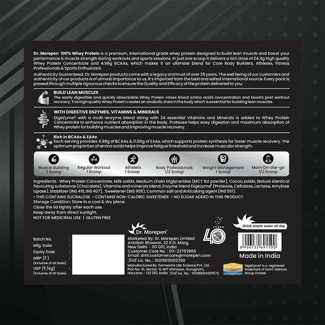 Dr. Morepen 100% Whey Protein infused with Digestive Enzymes, Multivitamins, & Multiminerals in Double Chocolate Flavour - Distacart