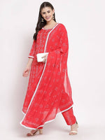 Thumbnail for Myshka Women's Red Cotton Printed 3/4 Sleeve Round Neck Casual Kurta Pant Dupatta Set