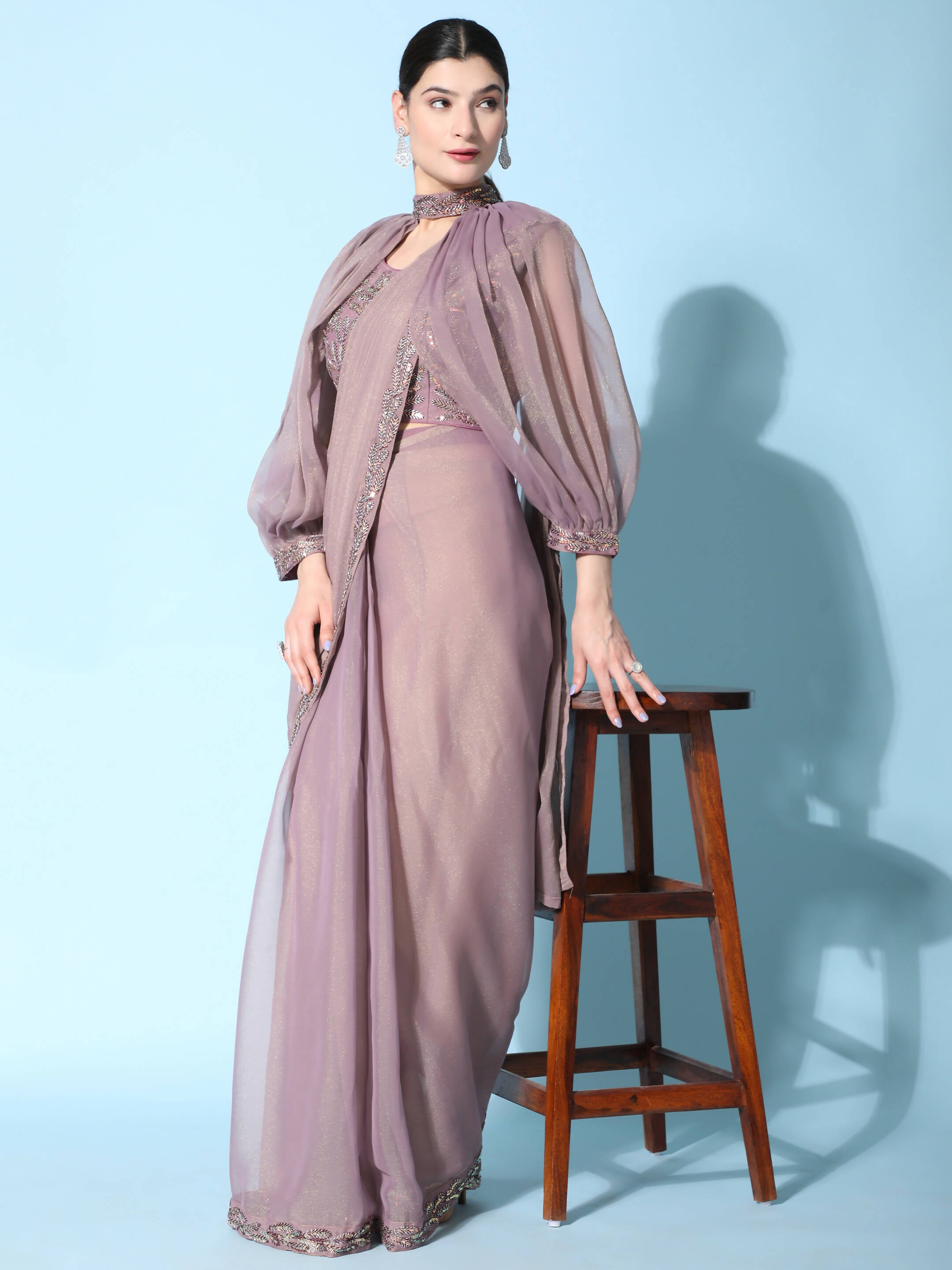 Purple Fancy Pure Fabric Plain Ready to wear Saree with stitched Blouse - Vrinda - Distacart