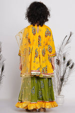 Thumbnail for Little Bansi Cotton Floral Kurta with Frill Sharara & Dupatta - Yellow & Green - Distacart