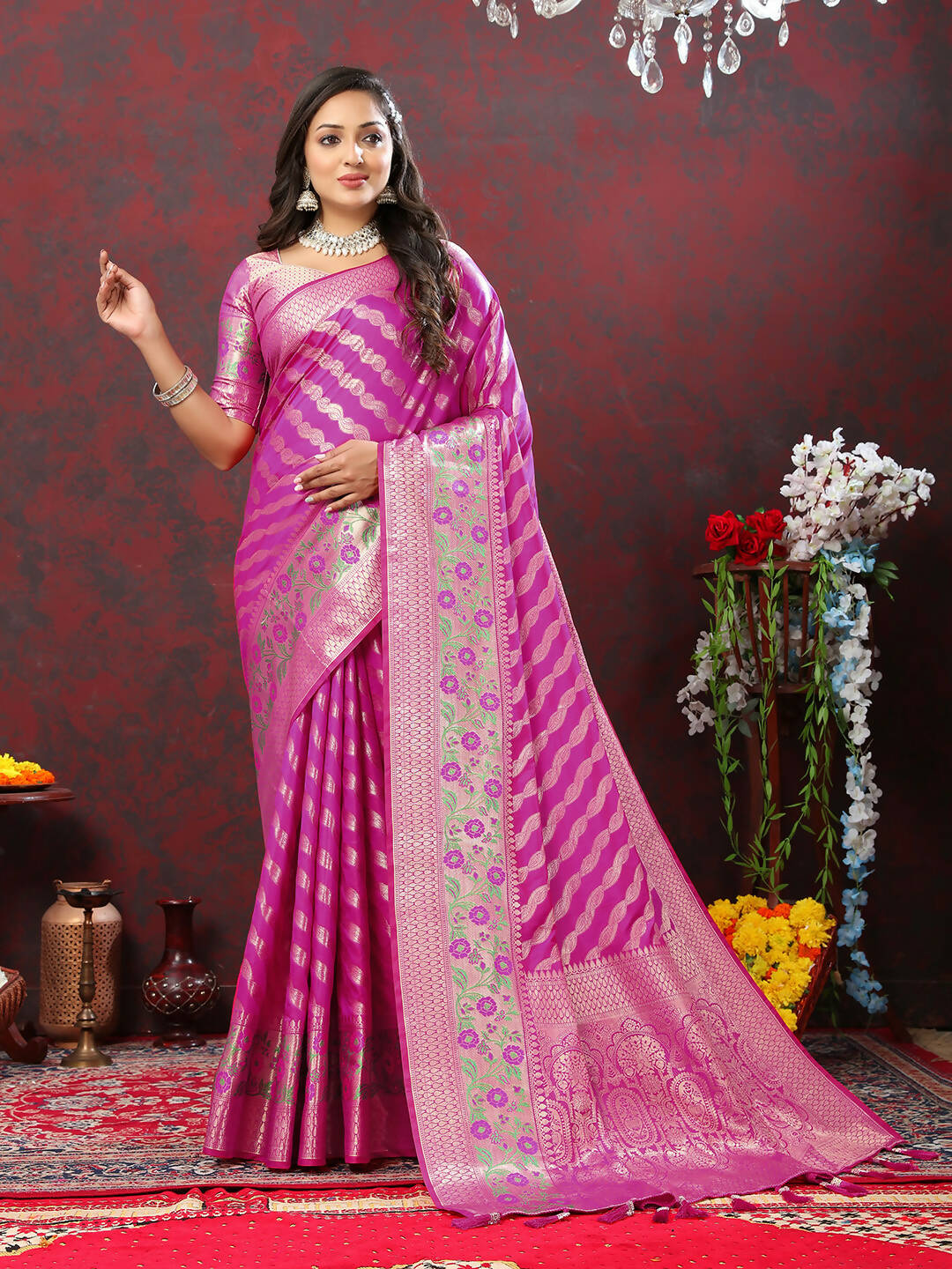 Lorenvalley Fashion Magenta Soft Silk Woven Design with Zari Weaving Leheriya Design Saree - Distacart