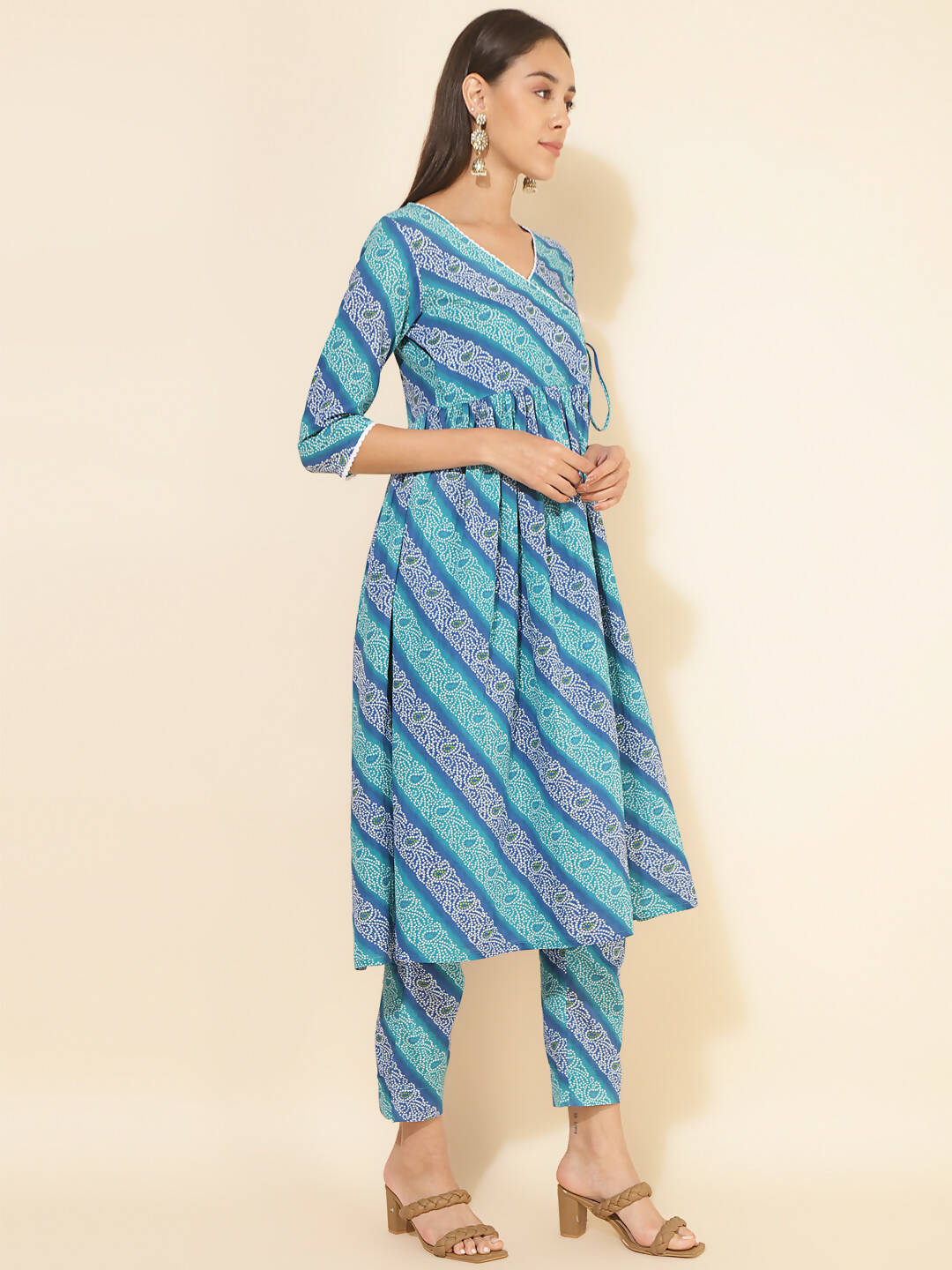 Janasya Women's Blue Cotton Bandhani Printed Casual Angrakha Co-ords - Distacart