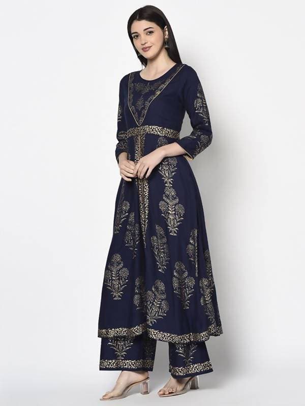 Aniyah Rayon Navy Blue Color Foil Print Anarkali Palazzo Set (AN-191K)
