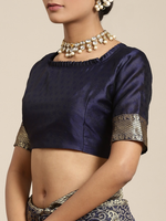 Thumbnail for Saree Mall Navy Blue & Gold-Toned Ethnic Motifs Zari Silk Blend Banarasi Sarees - Distacart