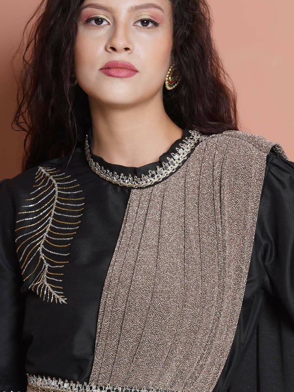 Women Republic Black Cotton Blended Set with Attached Drape - Distacart