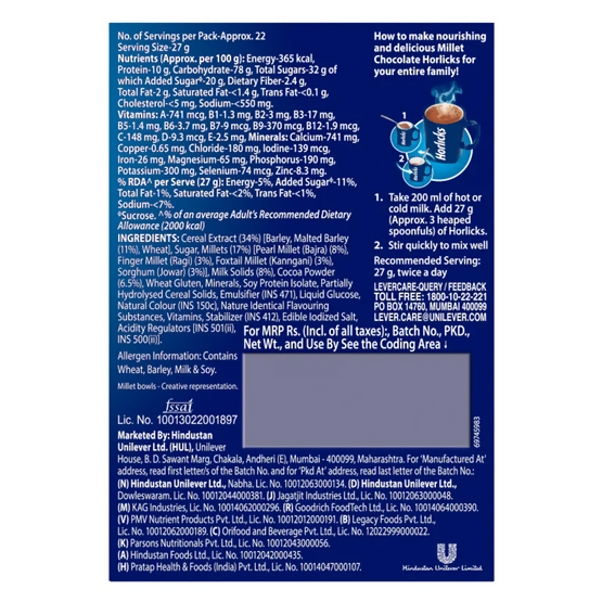 Horlicks Millet Chocolate Flavor Nutrition Drink Powder - Distacart