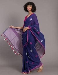 Thumbnail for Suta Blue Pink Ethnic Motifs Handloom Cotton Woven Saree - Distacart