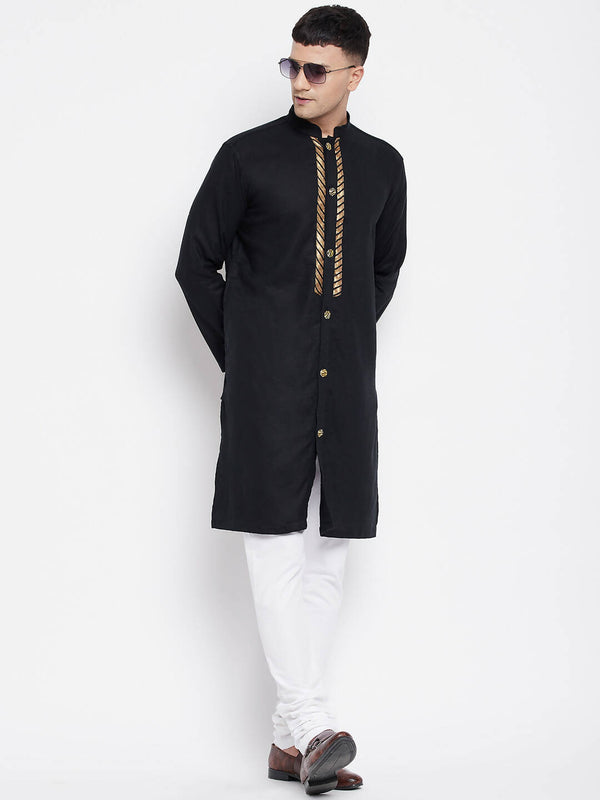 Even Apparels Black Linen Men's Sherwani Kurta With Decorative Placket - Distacart