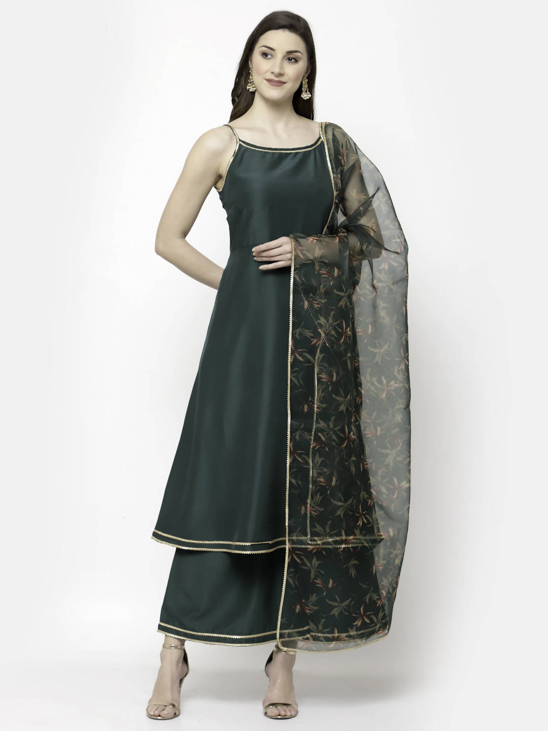 Myshka Dark Green Silk Blend Solid Sleeveless Round Neck Kurta Palazzo Dupatta Set