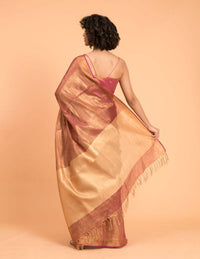 Thumbnail for Suta Pink Golden Solid Zari Pure Linen Saree - Distacart