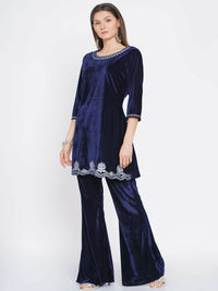 Thumbnail for Women Republic Navy Blue Velvet Embroidered Kurta With Bellbottom Pants - Distacart