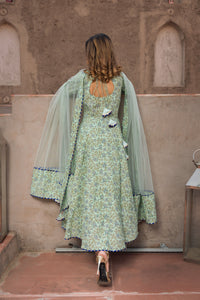 Thumbnail for Pomcha Jaipur Aqua Green Hand Block Print Anarkali Set - Distacart