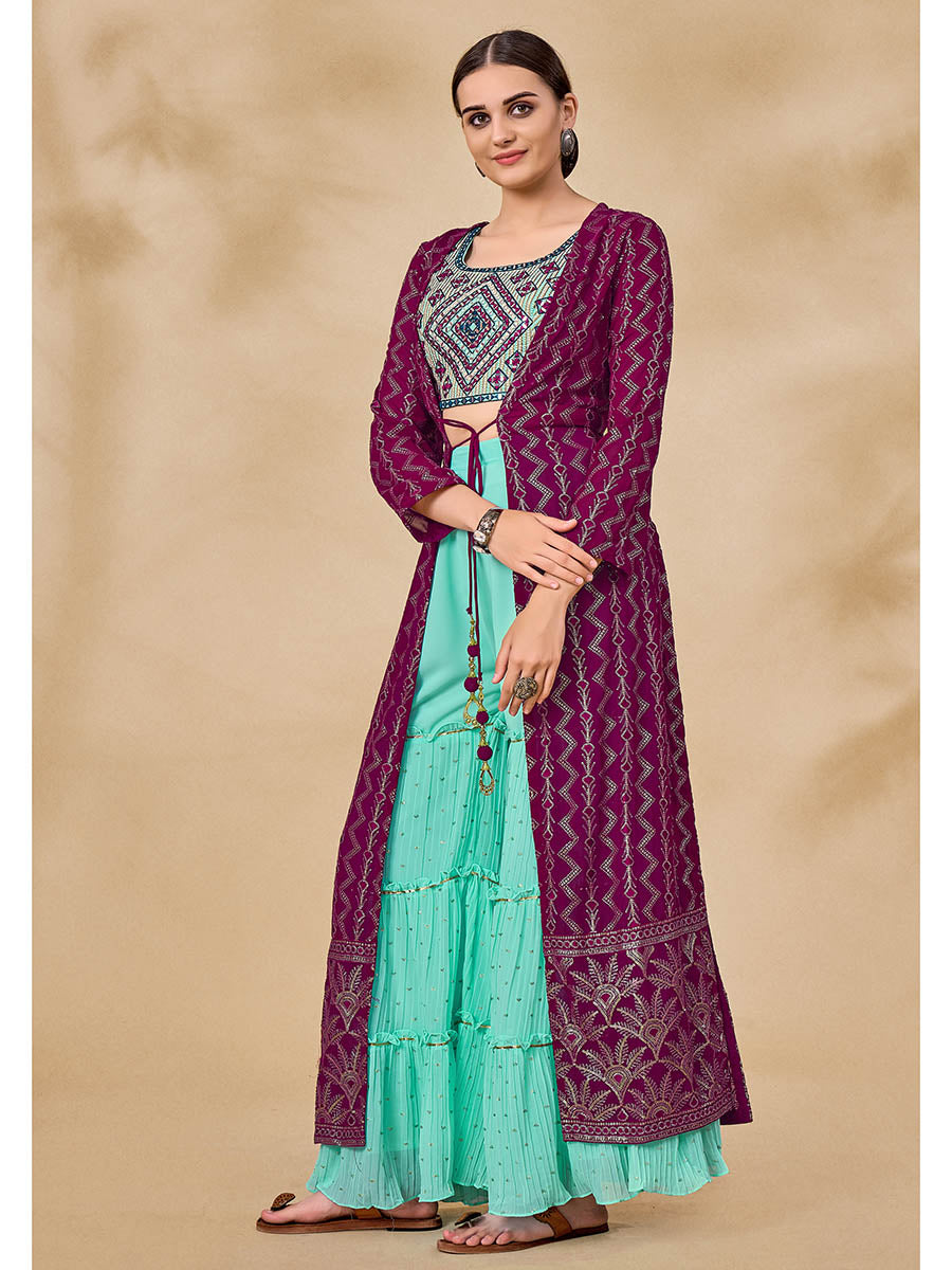 Myra Wine Jacket Style Sharara Suit - Distacart