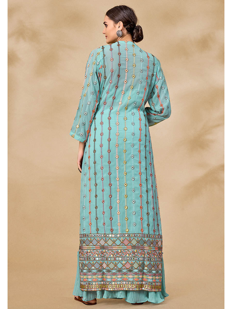 Myra Sky Blue Gorgette Jacket Style Suit - Distacart