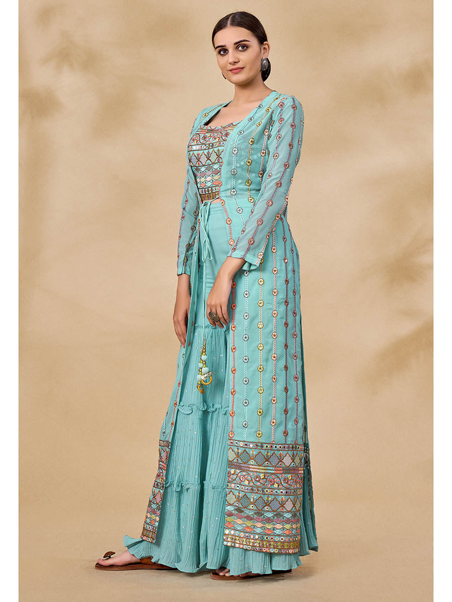 Myra Sky Blue Gorgette Jacket Style Suit - Distacart
