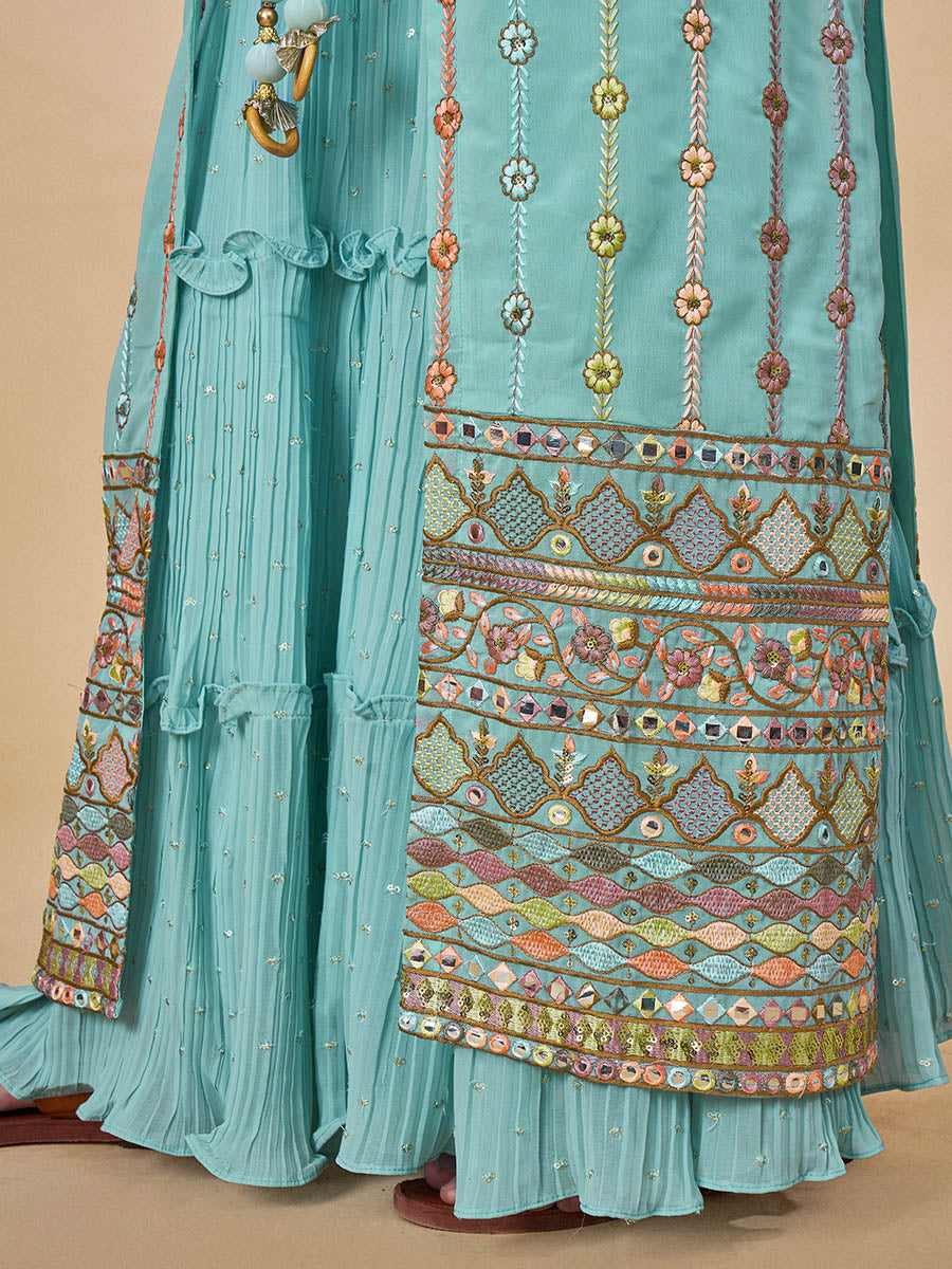Myra Sky Blue Gorgette Jacket Style Suit - Distacart