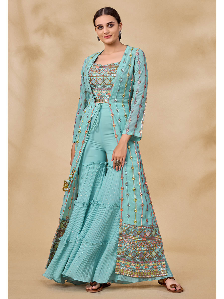 Myra Sky Blue Gorgette Jacket Style Suit - Distacart