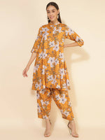 Thumbnail for Janasya Women's Mustard Moss Digital Floral Printed Casual A-line Co-ords - Distacart