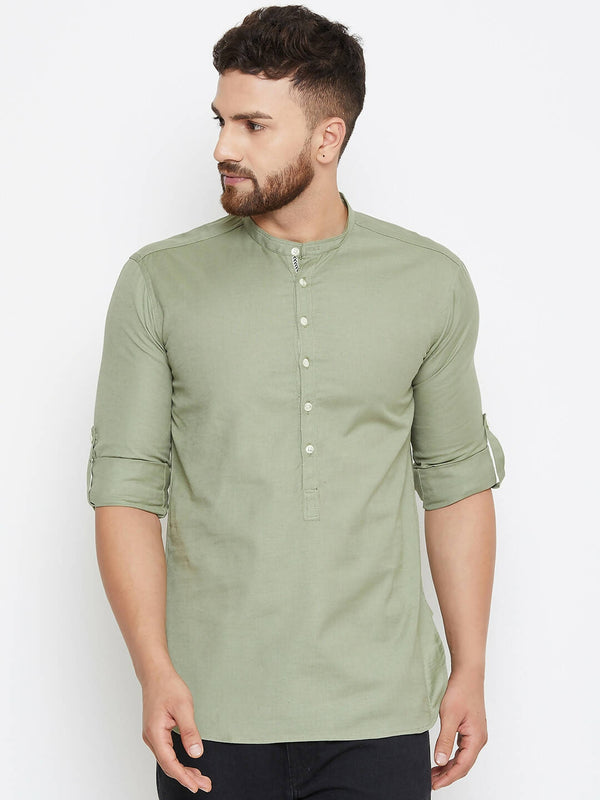 Even Apparels Green Color Men's Pure Cotton Kurta With Band Collar - Distacart