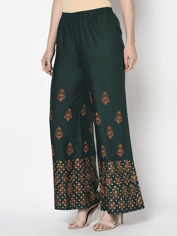Aniyah Rayon Bottle Green Color Block Print Flared Slip-On Palazzo (AN-219K)