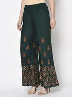 Thumbnail for Aniyah Rayon Bottle Green Color Block Print Flared Slip-On Palazzo (AN-219K)