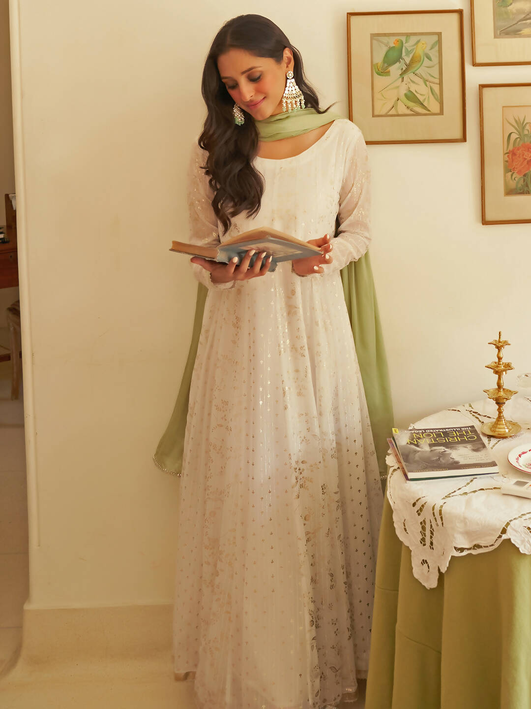 Janasya Women's White Chiffon Lurex Foil Printed Festive Anarkali Kurta Set - Distacart