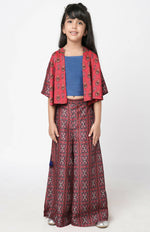 Thumbnail for Lil Drama Ethnic Twist Girls Red Print Flared Palazzo With Top And Jacket Co-Ordinate Set - Distacart