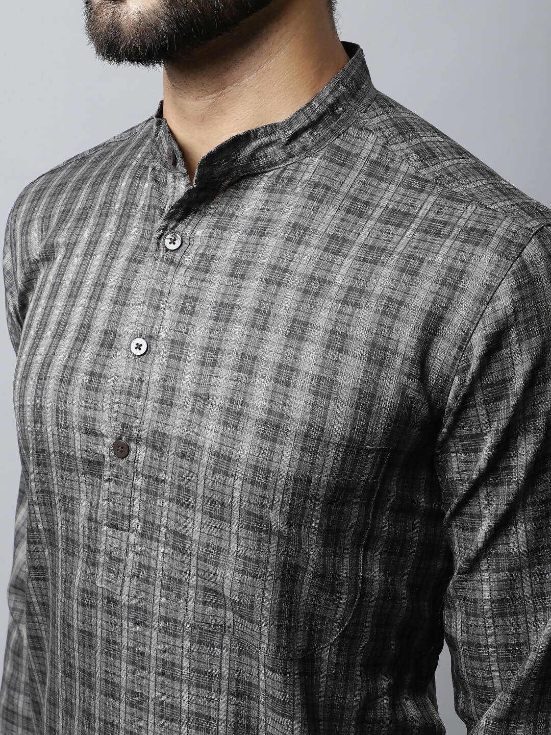 Even Apparels Brown Color Cotton Checked Men's Kurta With Band Collar (CHK1157) - Distacart