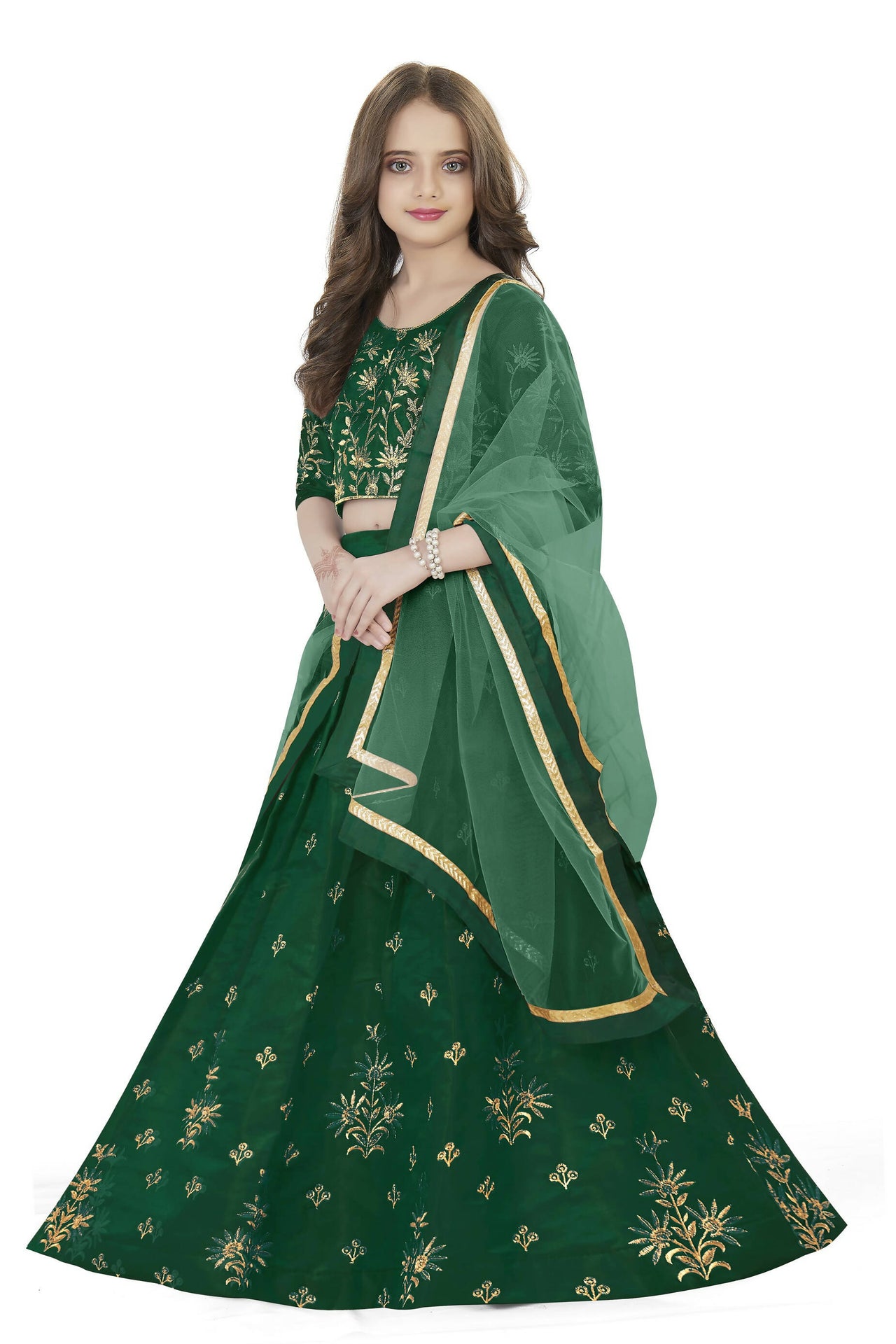 Dwiden Green Rohini Tafetta Sattin Semi-Stitched Girl's Lehenga Choli - Distacart