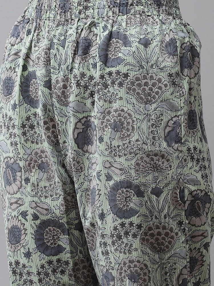 Yufta Green and off-white yoke design Kurta with Palazzo with Dupatta Set